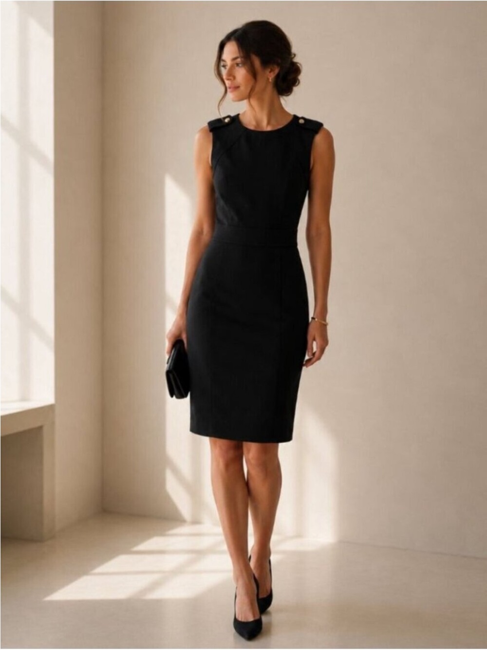 Tory Burch || Evelina Wool Blend Sheath Dress Tab Shoulder Office Black Gold 4